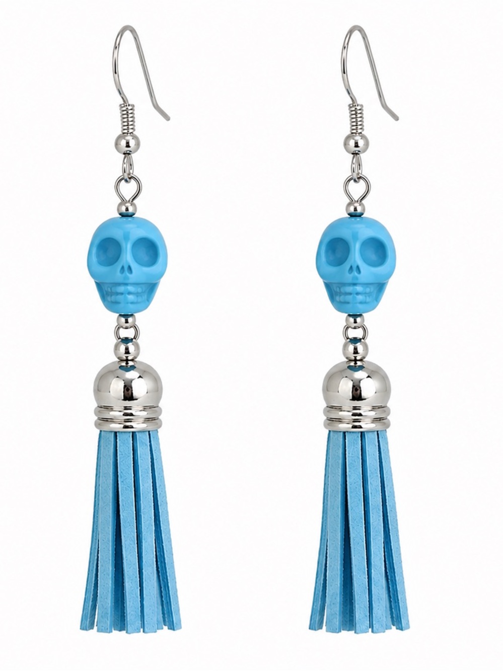 Turquoise Ceramic Skull Tassel Earrings